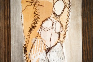 Nus sur planche de bois, papier, fil, couture, broderie