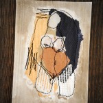 Nus sur planche de bois, papier, fil, couture, broderie