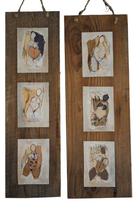 Nus sur planche de bois, papier, fil, couture, broderie