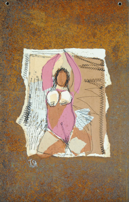 Nus, papier et couture sur tôle rouillée