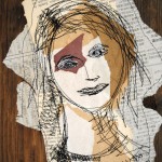 Portraits, papier et  couture sur bois