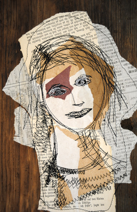 Portraits, papier et  couture sur bois