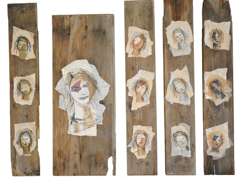 Portraits, papier et  couture sur bois